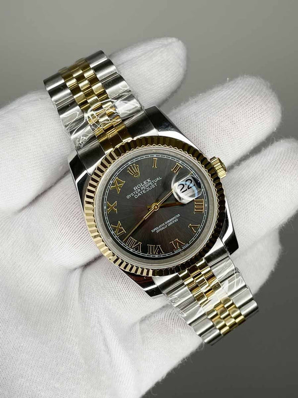 Rolex Date Just 36mm Jubile Gold Steel Gray Roma