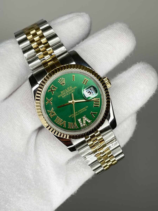 Rolex Date Just 36mm Jubile Green & Gold - Women's